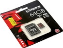 Kingston <SDCA3/64GB> microSDXC Memory Card 64Gb  Class10 + microSD-->SD Adapter